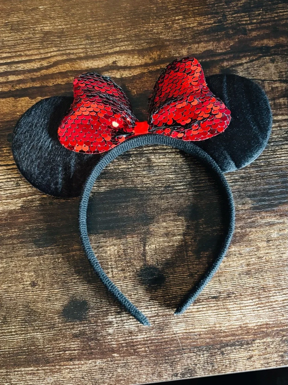 Disney Black Minnie Ear Headband with Red Sequin Bow
